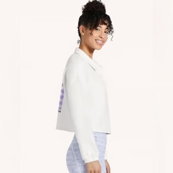 Peloton $68 Cropped Polo Sweatshirt White Purple Check Button Shirt Size Medium - Picture 7 of 8